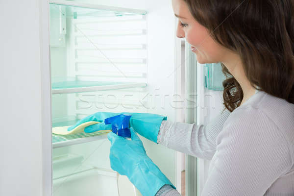 Сток-фото: женщину · очистки · холодильник · счастливым · шельфа