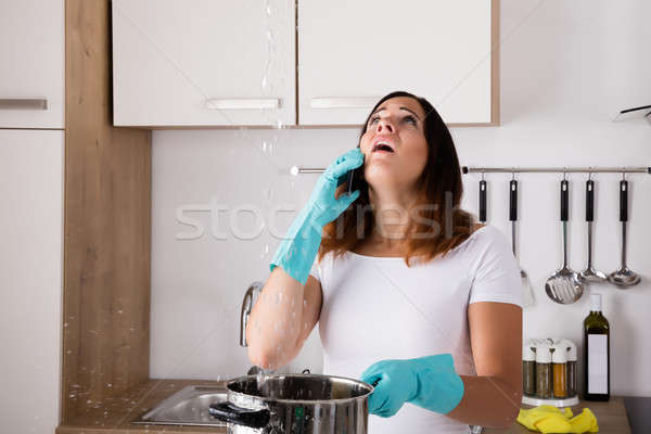 Woman Using Cellphone For Water Leakage Problem Stock photo © AndreyPopov