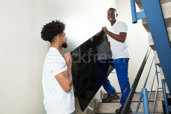 Young Movers Carrying Television While Climbing Steps Stock photo © AndreyPopov