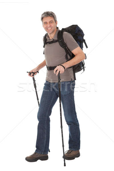 Stockfoto: Senior · man · rugzak · wandelen · geïsoleerd · witte