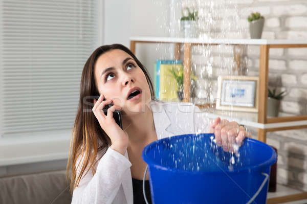 Stockfoto: Vrouw · roepen · loodgieter · water · lekkage · home