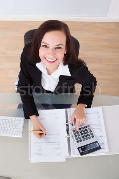 Сток-фото: счастливым · деловая · женщина · налоговых · мнение · столе