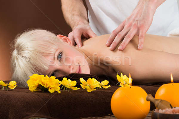 Stock foto: Schulter · Massage · lächelnd · Frau