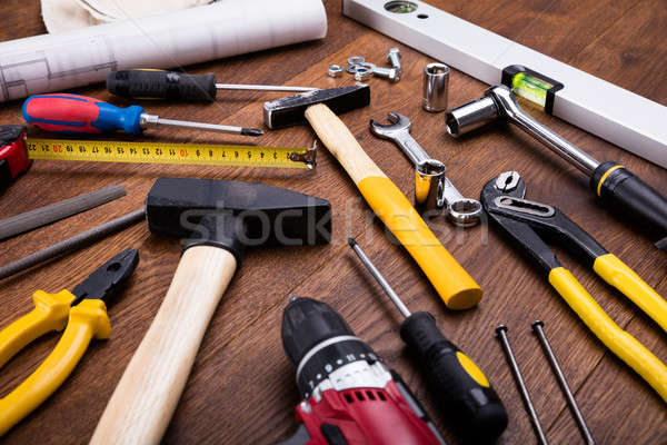 Bau Werkzeuge Blaupause Schreibtisch Holz Haus Stock foto © AndreyPopov