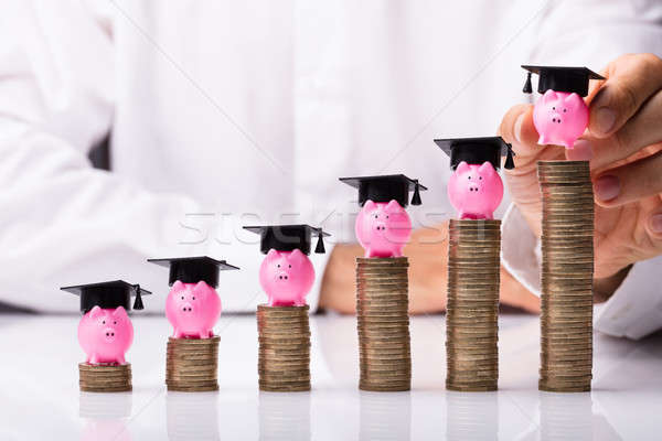 Person Placing Piggybank With Graduation Hat On Stacked Coins Stock photo © AndreyPopov