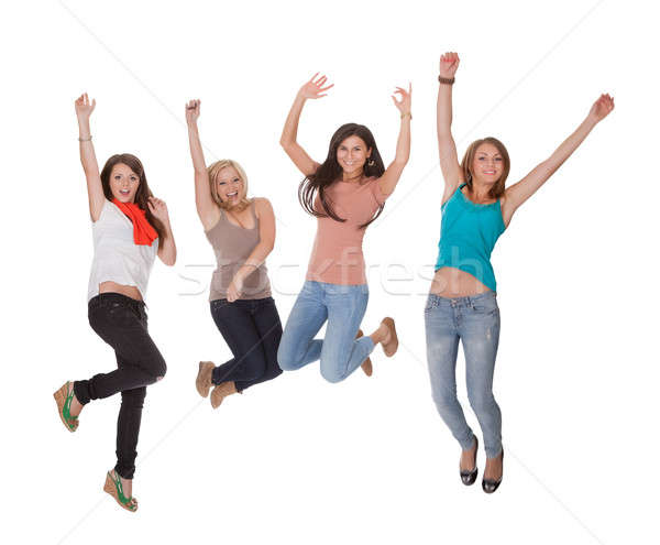 Foto stock: Quatro · mulher · jovem · saltando · alegria · animado · mãos