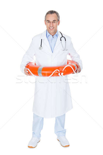 Foto stock: Feliz · doctor · de · sexo · masculino · rescate · anillo · blanco