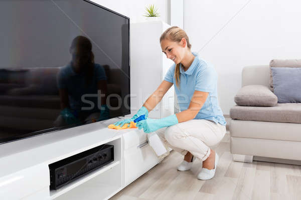 Kobieta czyszczenia meble salon młodych szczęśliwy Zdjęcia stock © AndreyPopov