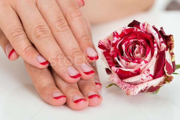 Női kezek szög fényezés rózsa közelről gyönyörű Stock fotó © AndreyPopov
