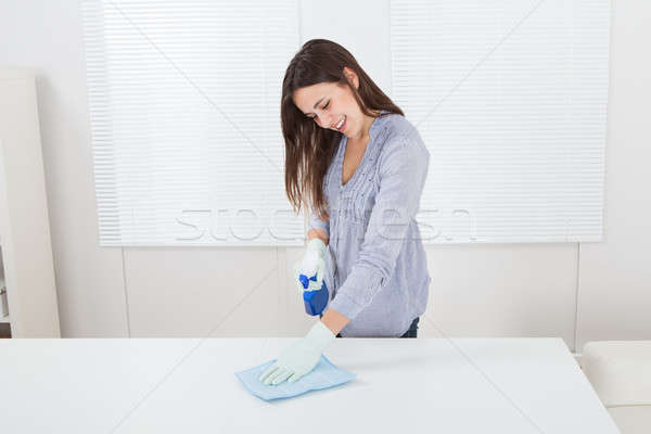 Kobieta czyszczenia tabeli szmata domu szczęśliwy Zdjęcia stock © AndreyPopov