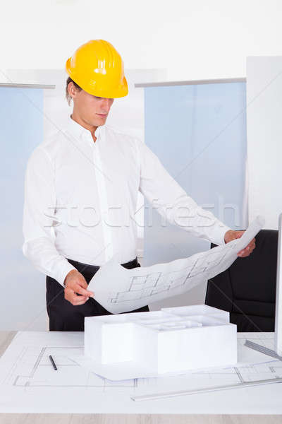 Mimar bakıyor planı erkek mimari model Stok fotoğraf © AndreyPopov