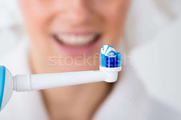 Stock foto: Zahnbürste · Zahnpasta · Frau · Lächeln · Gesicht