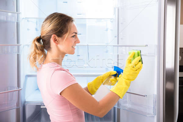 Stockfoto: Vrouw · handschoenen · schoonmaken · koelkast · jonge · vrouw