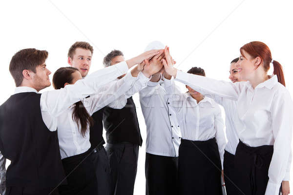 [[stock_photo]]: Restauration · personnel · high · five · geste · isolé