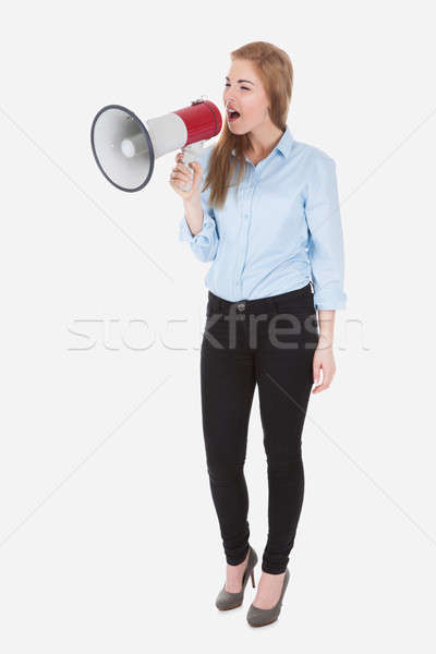 [[stock_photo]]: Femme · mégaphone · portrait · jeune · femme · blanche