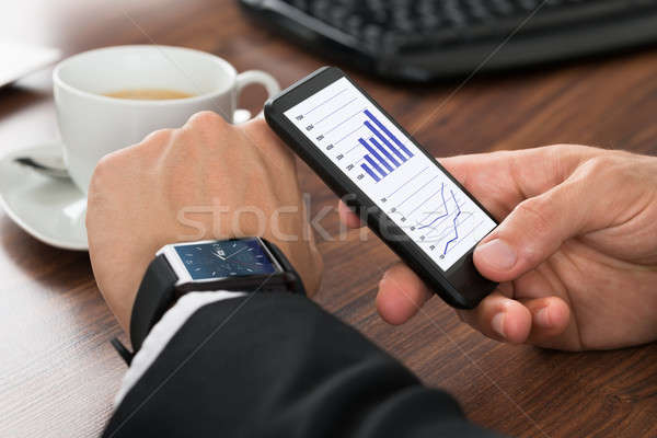 ビジネスマン グラフ クローズアップ 携帯電話 手 木材 ストックフォト © AndreyPopov