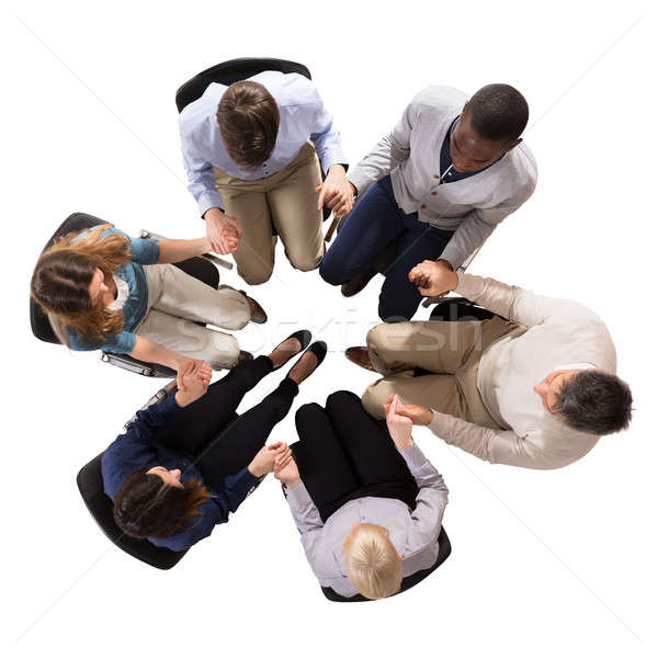 Stockfoto: Business · team · holding · handen · samen · vergadering · cirkel · witte