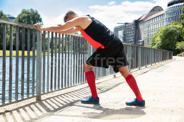 Mann Liegestütze Geländer Seitenansicht Freien Baum Stock foto © AndreyPopov