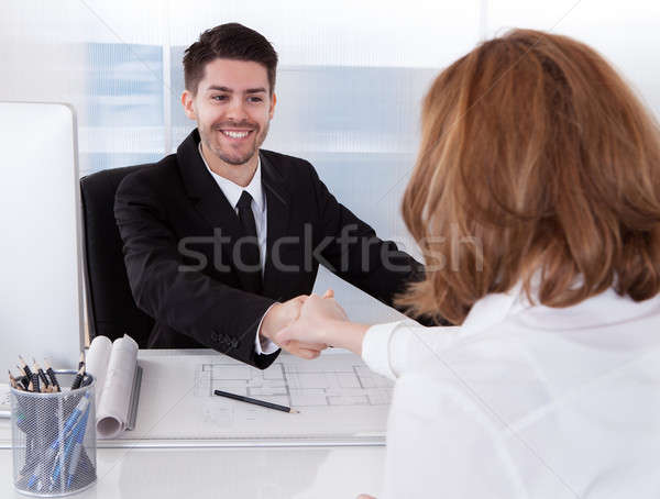 Portret twee werken kantoor bespreken blauwdrukken Stockfoto © AndreyPopov