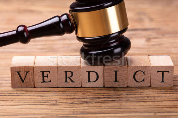 Kalapács fakockák szöveg ítélet közelkép asztal Stock fotó © AndreyPopov