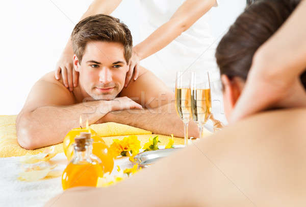 Foto stock: Homem · olhando · mulher · ombro · massagem · estância · termal