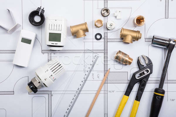 Thermostat travaux outils blueprints vue bureau Photo stock © AndreyPopov