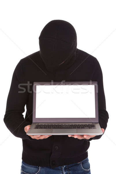 Einbrecher halten Laptop isoliert weiß Stock foto © AndreyPopov