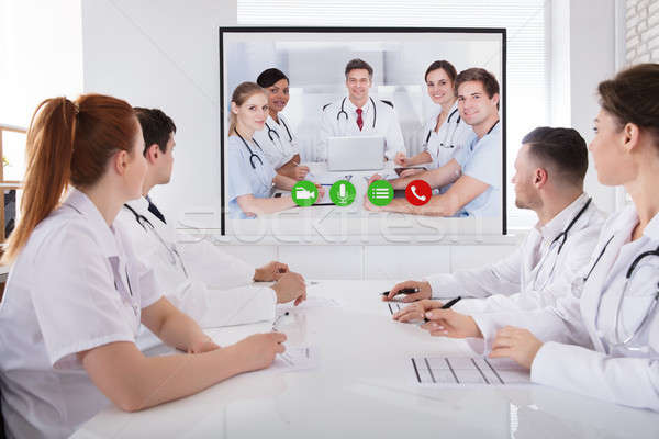 Stock foto: Ärzte · Video · Konferenz · Gruppe · professionelle · Sitzung