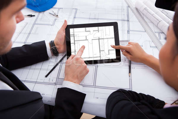 Foto d'archivio: Digitale · tablet · lavoro · blueprint · immagine · desk