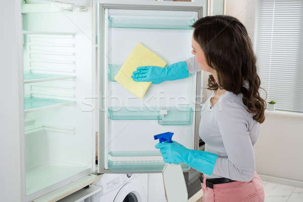 Kobieta czyszczenia lodówce szmata młoda kobieta domu Zdjęcia stock © AndreyPopov