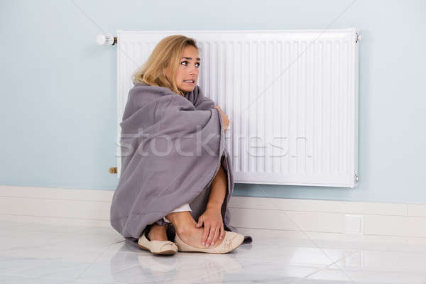 Donna coperta seduta termostato giovani freddo Foto d'archivio © AndreyPopov