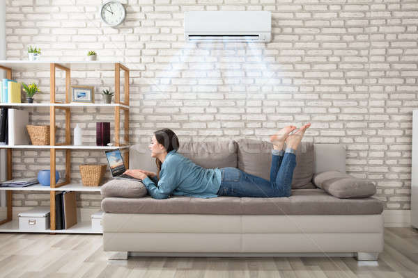 Nő laptopot használ légkondicionáló kanapé élvezi hűtés Stock fotó © AndreyPopov