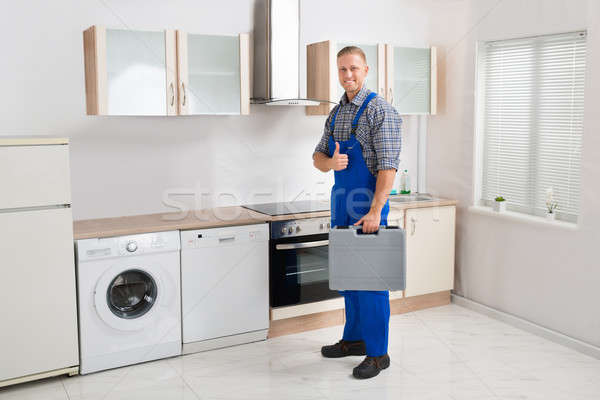 Stockfoto: Werknemer · toolbox · jonge · gelukkig · mannelijke