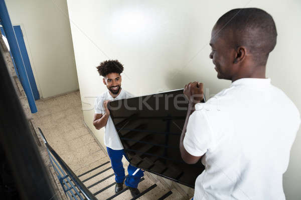 Young Movers Carrying Television While Climbing Steps Stock photo © AndreyPopov