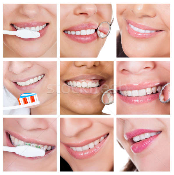 Collage of smiling woman cleaning her teeth Stock photo © AndreyPopov