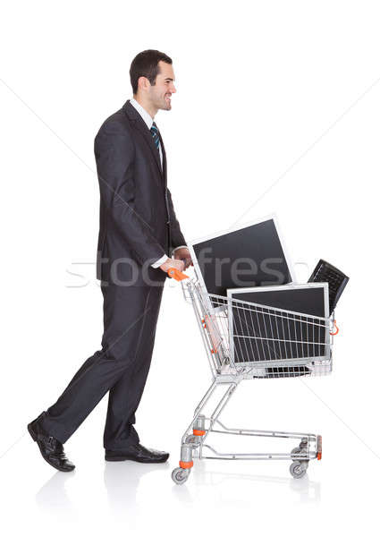 商業照片: 商人 · 購物 · 液晶顯示 · 孤立 · 白