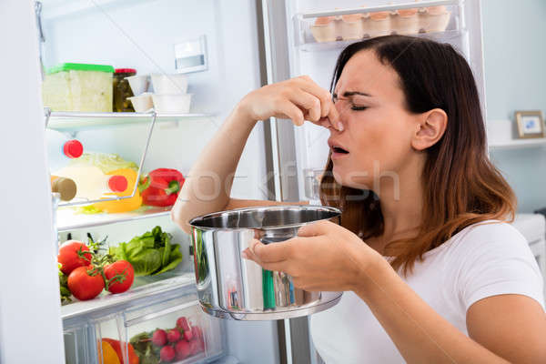 Frau halten Essen Kühlschrank Geruch Stock foto © AndreyPopov