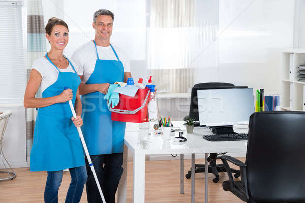 Stockfoto: Twee · schoonmaken · gelukkig · kantoor · fles