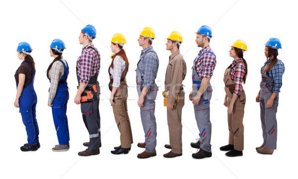 Foto stock: Construção · trabalhadores · em · pé · fila · isolado · branco