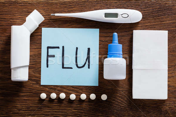 Stock fotó: Influenza · fából · készült · asztal · magasról · fotózva · kilátás · orvosi