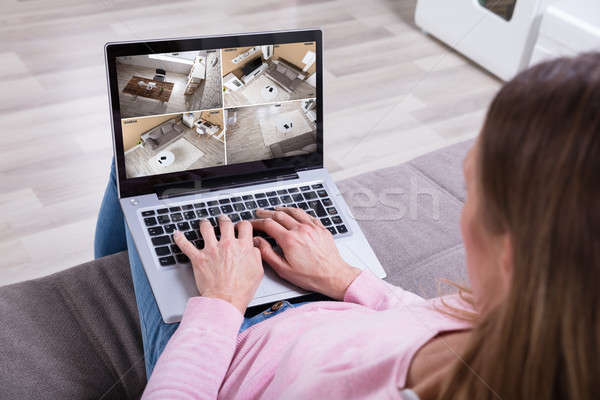 Stock fotó: Nő · ellenőrzés · otthon · biztonság · fényképezőgépek · laptop