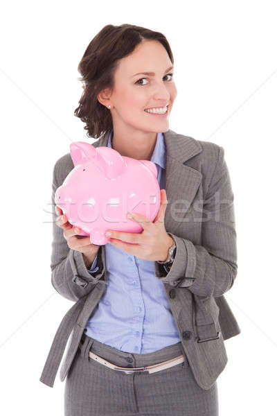 [[stock_photo]]: Femme · d'affaires · tirelire · souriant · jeunes · blanche