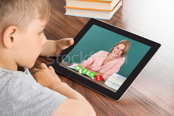 Stock foto: Junge · digitalen · Tablet · cute · wenig