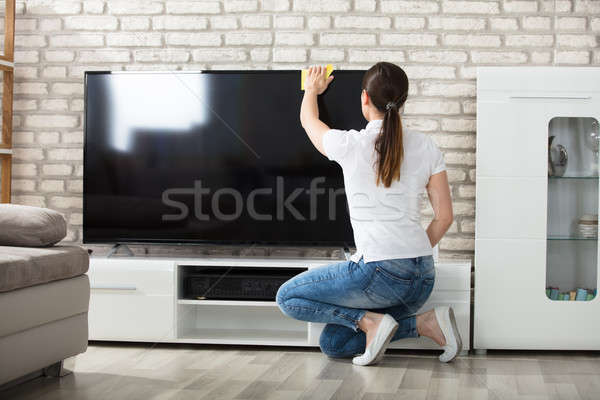 Foto stock: Mulher · televisão · tela · casa · mulher · jovem · pano