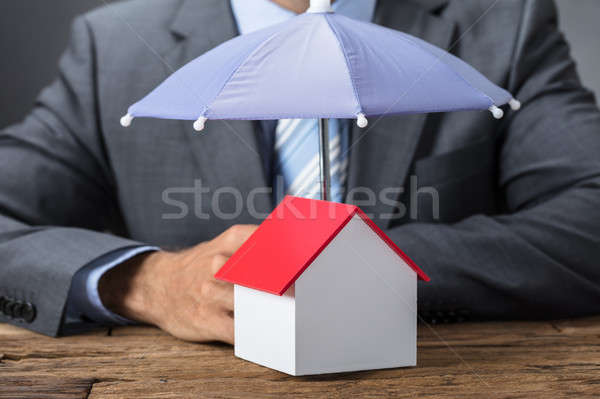 Stock photo: Businessman Protecting House Model With Umbrella