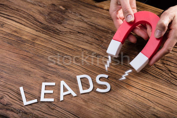 Stock photo: Businessperson Attracting Lead Text With Horseshoe Magnet