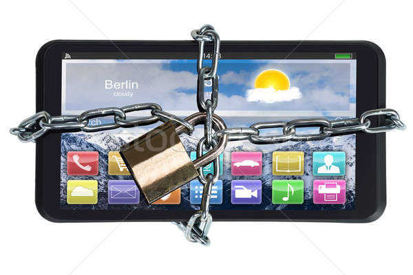 Digitális tabletta csapdába esett lakat lánc közelkép Stock fotó © AndreyPopov