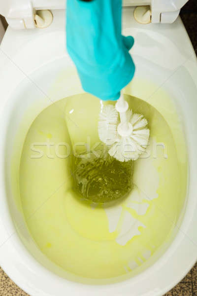 Stock photo: Person Hand Using Brush To Clean The Toilet Bowl