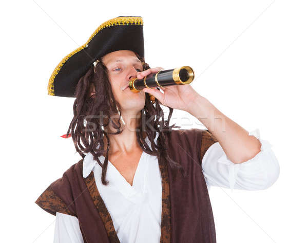 Foto stock: Pirata · telescópio · retrato · branco · cerveja · cabelo