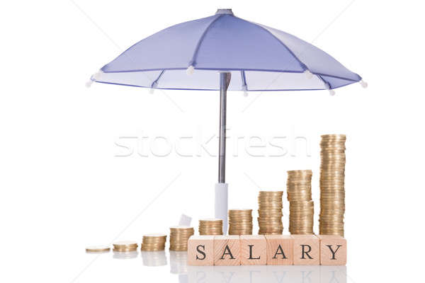 Stacked Coins And Salary Blocks Under Umbrella Stock photo © AndreyPopov